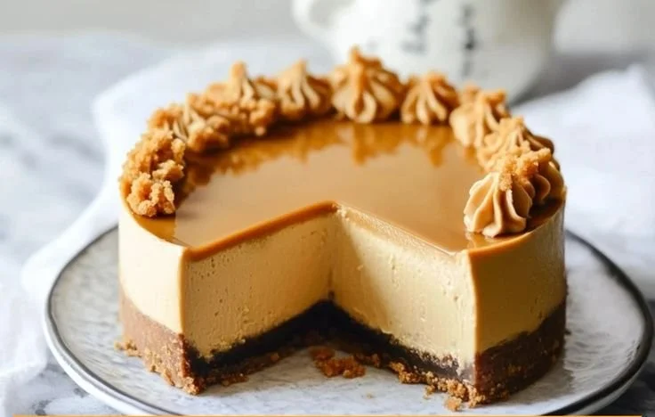 Loaded butterscotch cheesecake topped with caramel drizzle