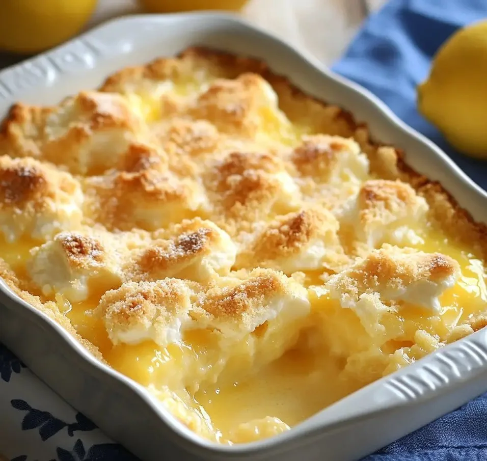 Slice of Magic Lemon Cobbler served on a plate with a lemon garnish