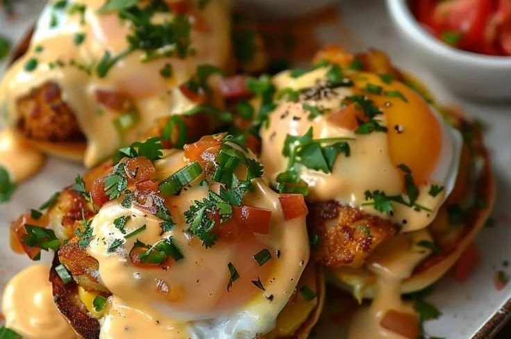 A plate of Mexican Eggs Benedict topped with avocado and spicy salsa.
