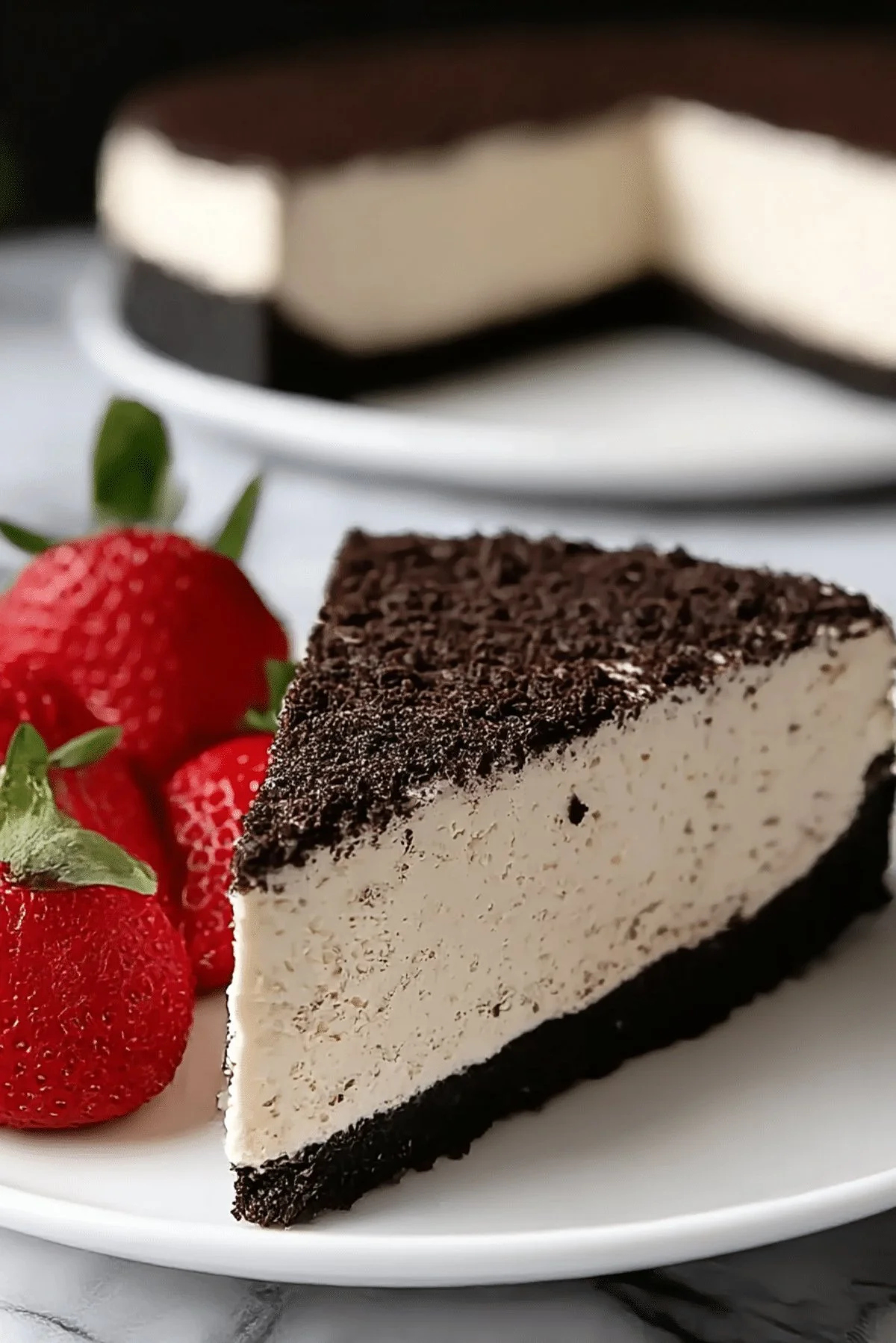 No-Bake Cookies and Cream Cheesecake topped with Oreo crumbs