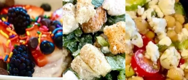 A variety of no oven meals, including colorful salads and easy snacks for camping.