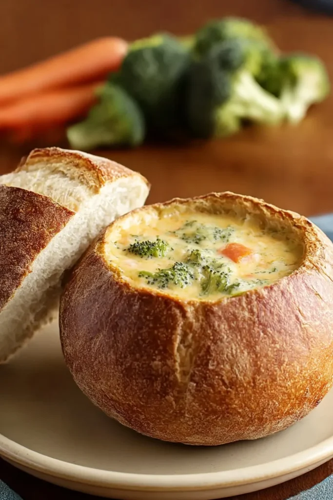 A bowl of creamy one-pot broccoli cheddar soup garnished with cheese and broccoli florets.