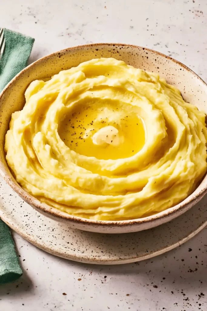 Bowl of perfectly creamy mashed potatoes with butter and herbs