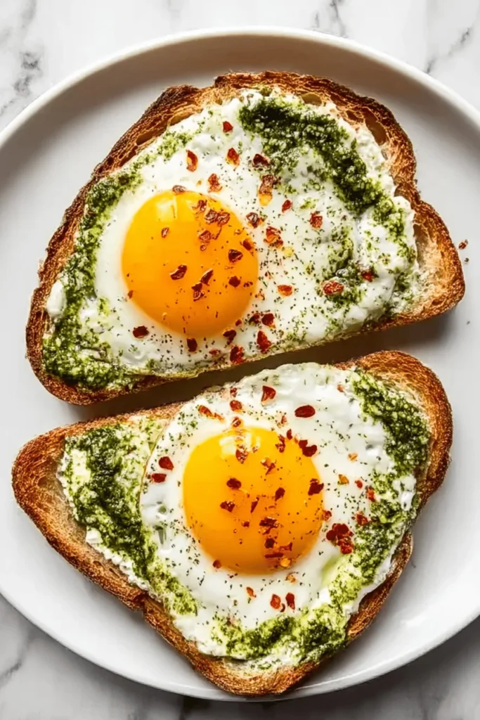 Delicious pesto eggs served on a plate with a garnish.