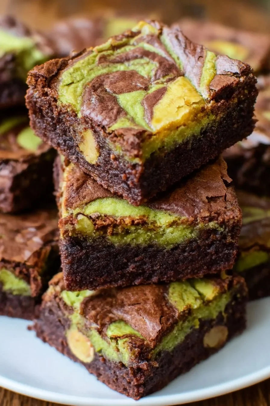 Delicious homemade pistachio brownies topped with crushed pistachios