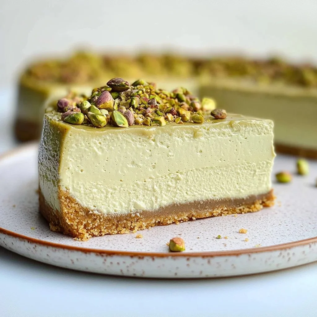 Delicious pistachio cheesecake with a crunchy pistachio topping