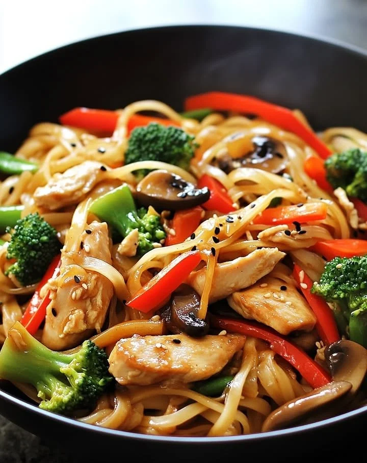 Savory chicken rice noodle stir fry with colorful vegetables and ginger soy glaze