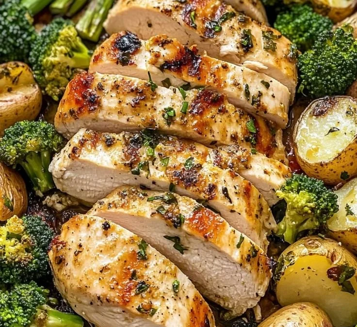 Sheet Pan Garlic Butter Chicken with colorful veggies fresh out of the oven