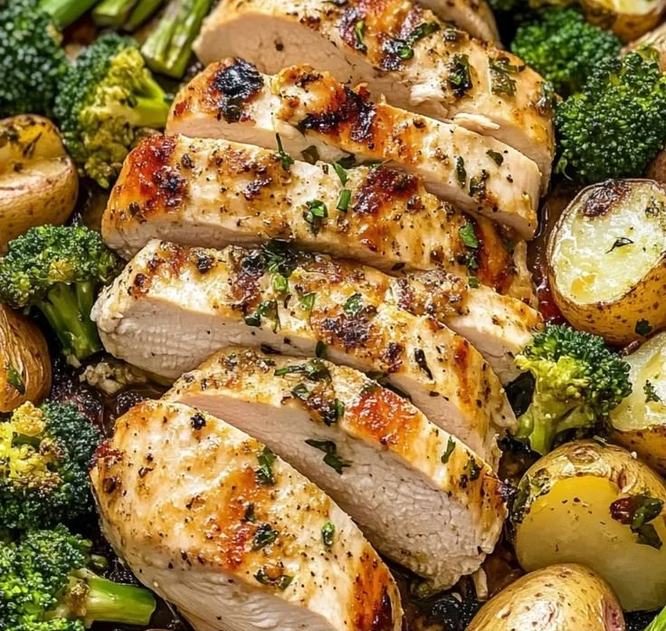 Sheet pan garlic butter chicken with colorful roasted veggies.
