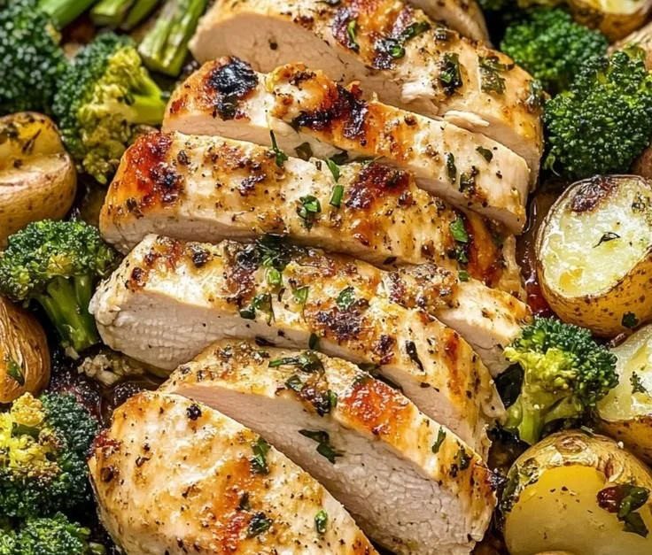 Sheet pan garlic butter chicken with colorful vegetables ready to bake.