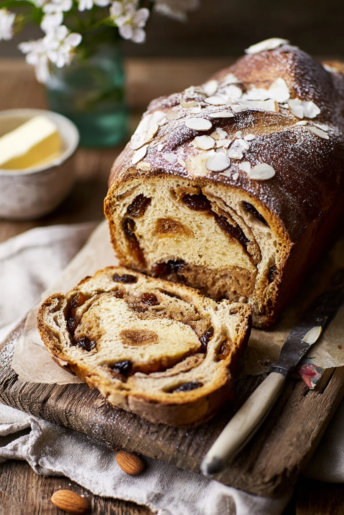 Freshly baked Simnel Spiced Breakfast Loaf sliced and ready to serve.