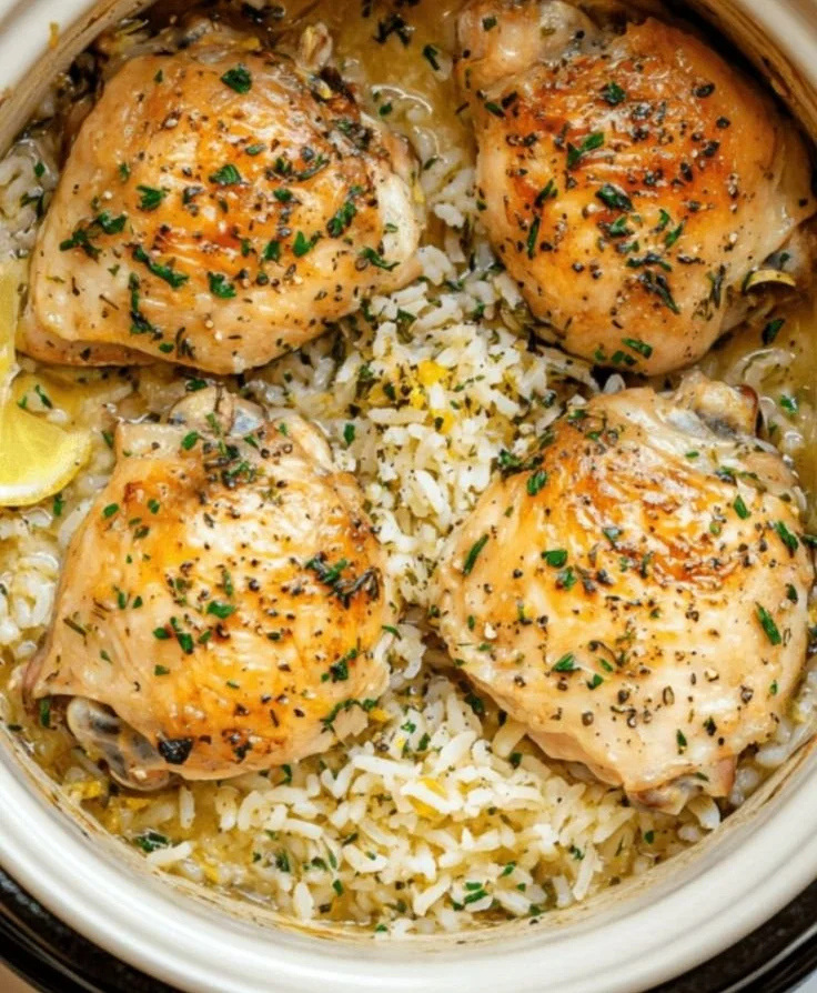 Slow Cooker Lemon Herb Chicken served with fluffy rice and herbs