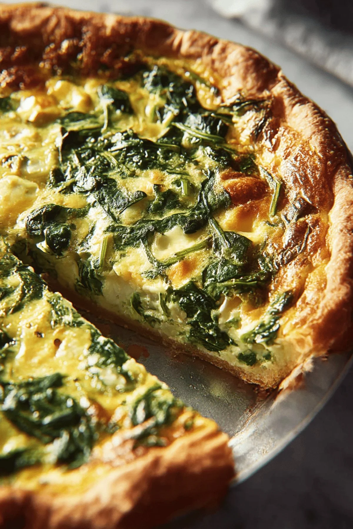 Delicious homemade Spinach Quiche served on a rustic wooden table