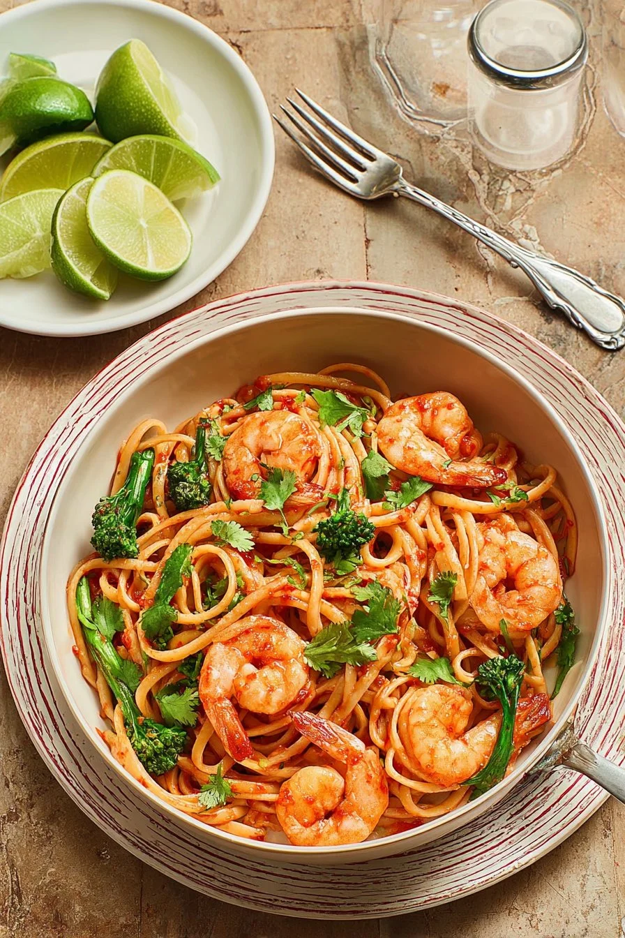 Delicious Sriracha & Lime Prawn Linguine served in a bowl