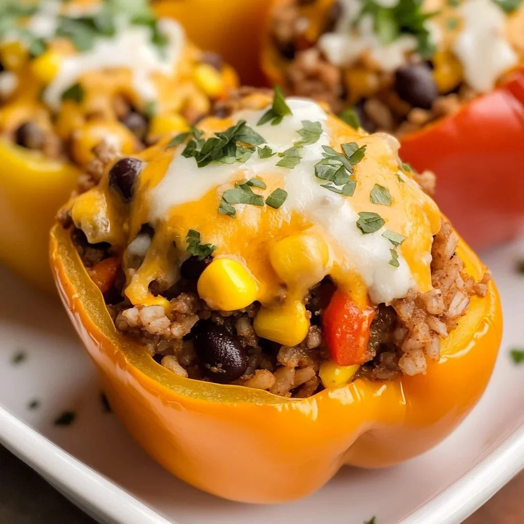 Colorful Taco Stuffed Peppers filled with seasoned beef and toppings