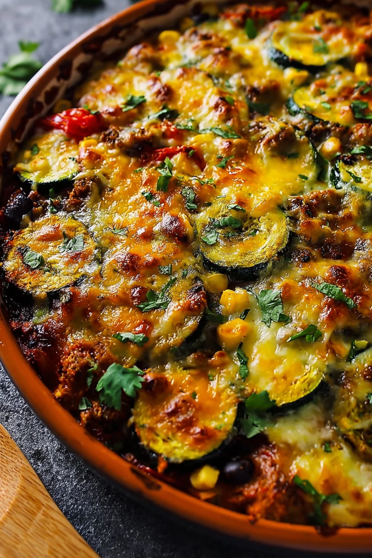 Delicious Tex-Mex Zucchini Bake fresh from the oven, topped with cheese and spices.