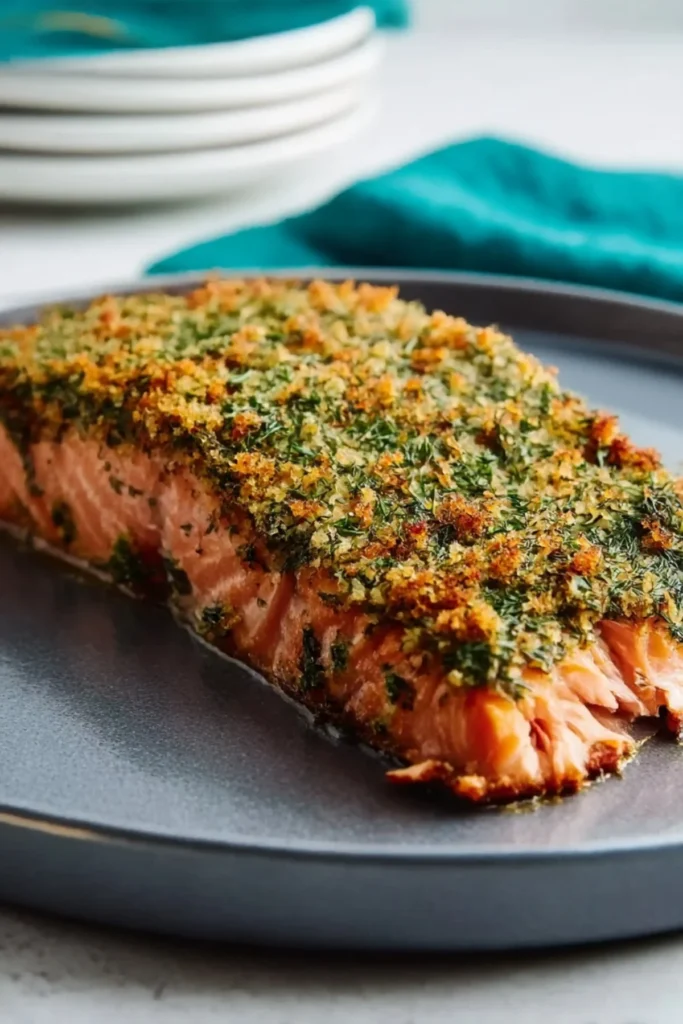 Deliciously baked salmon fillet garnished with herbs and lemon slices