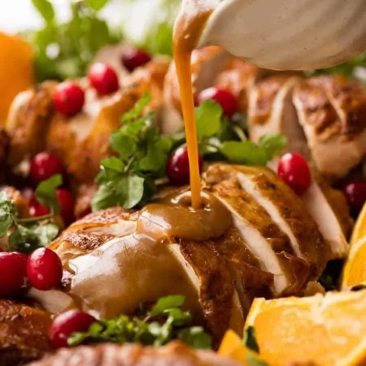 Delicious homemade turkey gravy in a serving bowl ready for Thanksgiving dinner.