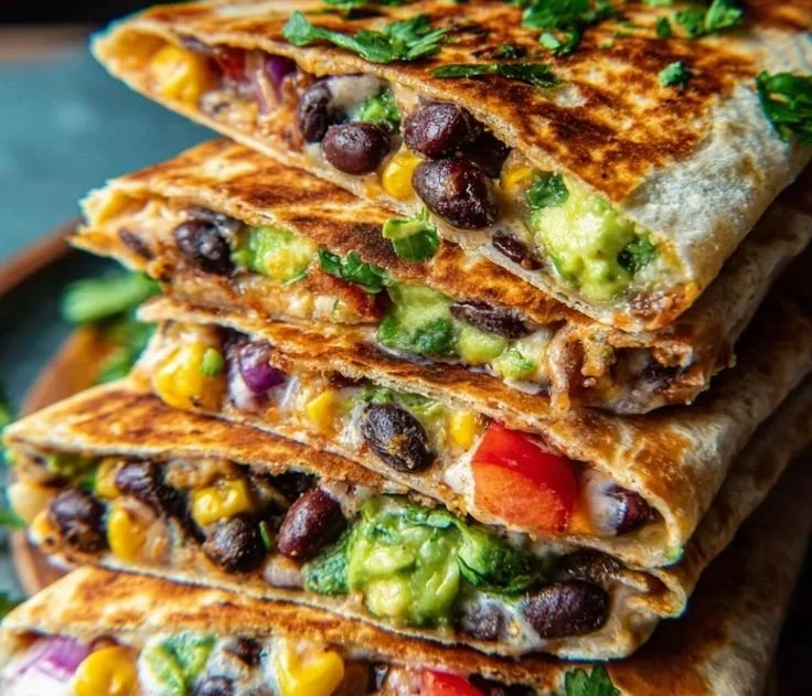 Vegan quesadillas filled with vegetables and plant-based cheese on a plate.