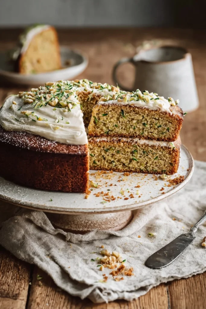 Delicious vegan zucchini cake topped with cream and served on a plate