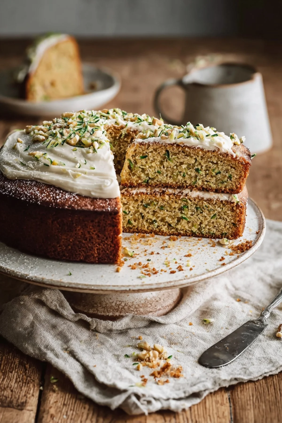 Delicious vegan zucchini cake topped with cream and served on a plate