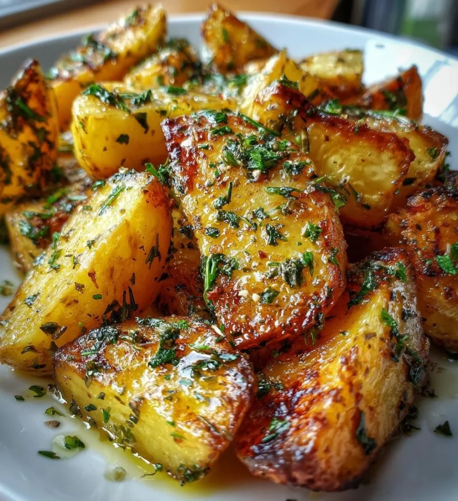 Delicious plate of authentic Greek potatoes with herbs and spices