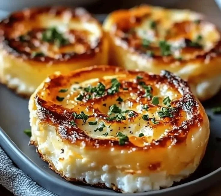 Baked cottage cheese eggs topped with herbs and served on a plate for breakfast