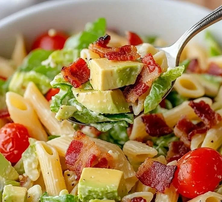 Gluten-free dairy-free BLT pasta salad with fresh ingredients.