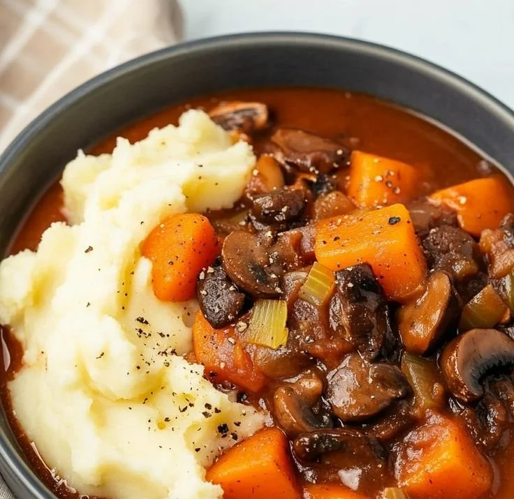 A bowl of colorful and hearty vegetarian stew filled with fresh vegetables.