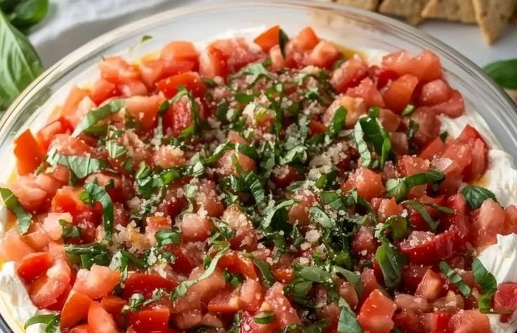 Bowl of colorful bruschetta dip served with crispy bread slices