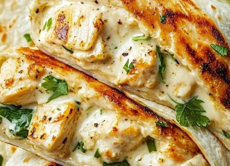Delicious cheesy garlic chicken wraps served on a plate.