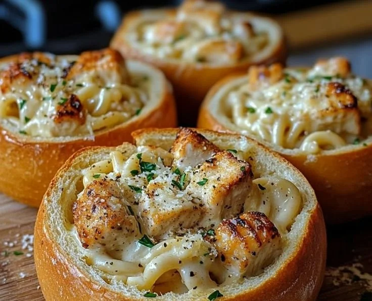 Chicken Alfredo Garlic Bread Bowls with creamy sauce and toasted bread