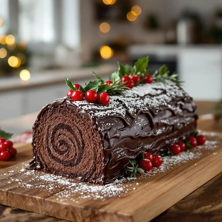 Delicious Chocolate Yule Log dessert, decorated for Christmas festivities