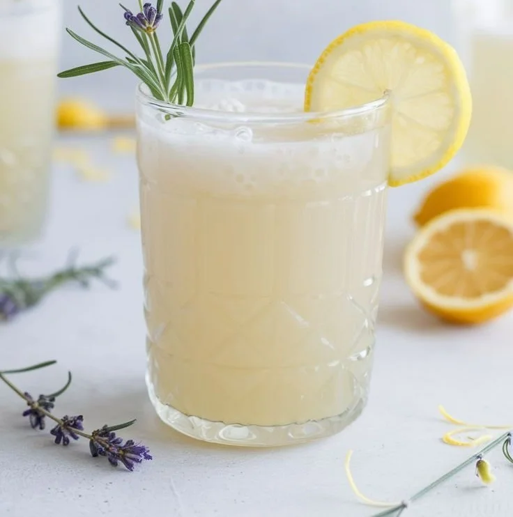 Coconut Lavender Lemonade mocktail in a glass with lavender garnish