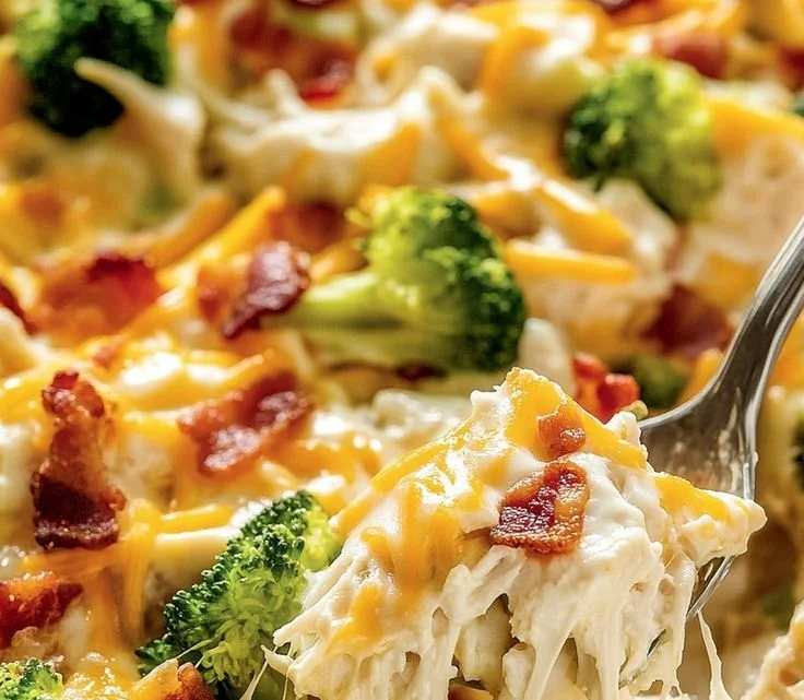 Creamy low carb chicken casserole dish with vegetables and cheese