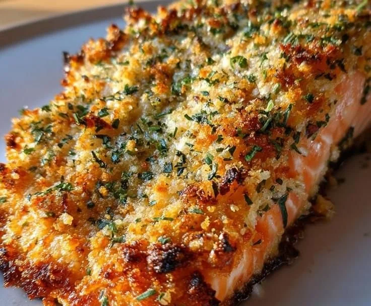 Crispy Parmesan Salmon Bake topped with breadcrumbs and herbs