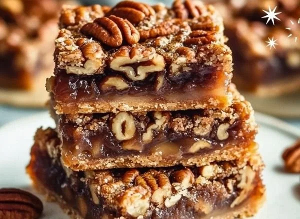 Delicious easy vegan pecan bars served on a plate with a sprinkle of nuts.