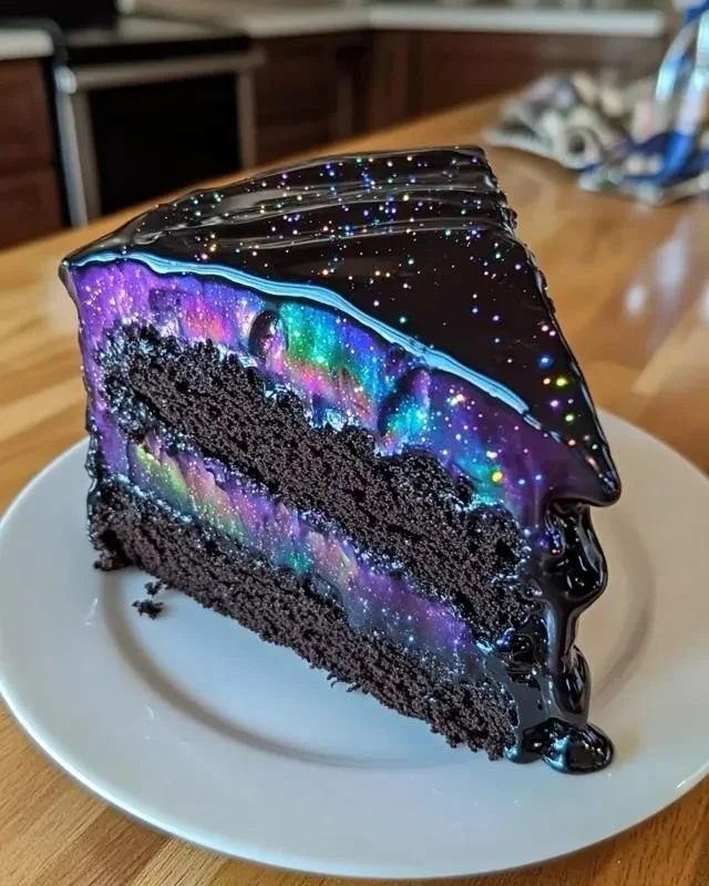 Beautiful Galaxy Mirror Glaze Cake with vibrant colors and shiny finish.