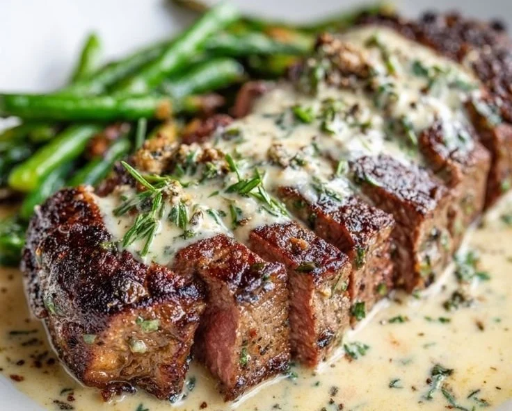 Garlic butter steak topped with a delicious Parmesan cream sauce