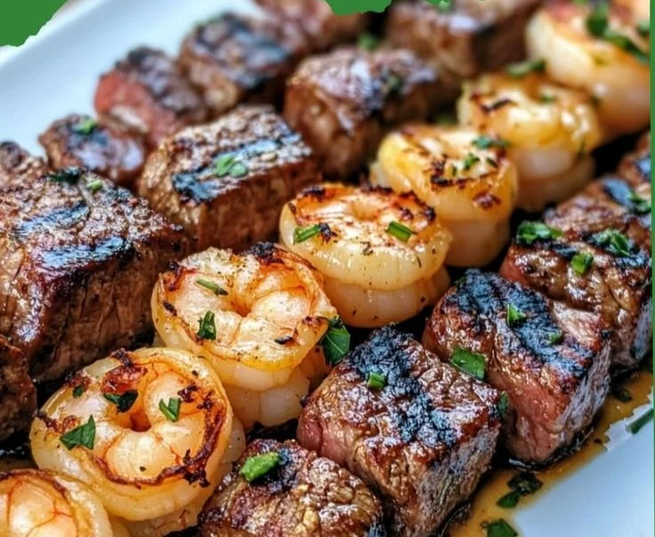 Grilled steak and shrimp skewers drizzled with garlic butter sauce on a wooden platter.