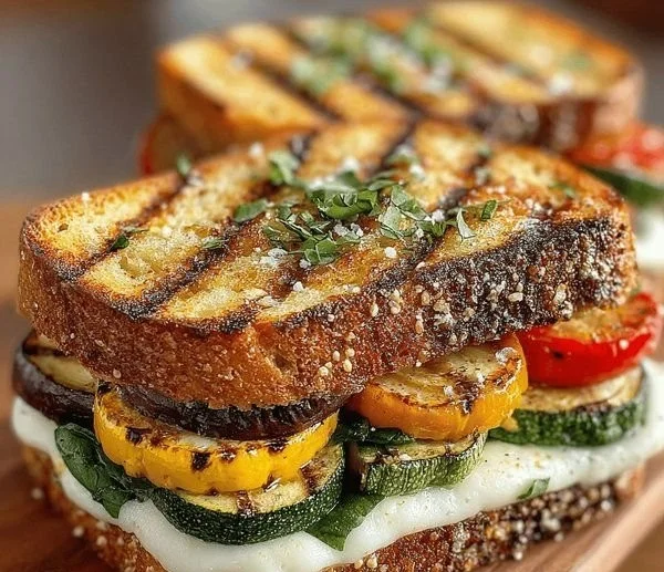 Grilled veggie sandwich with mozzarella cheese and fresh vegetables