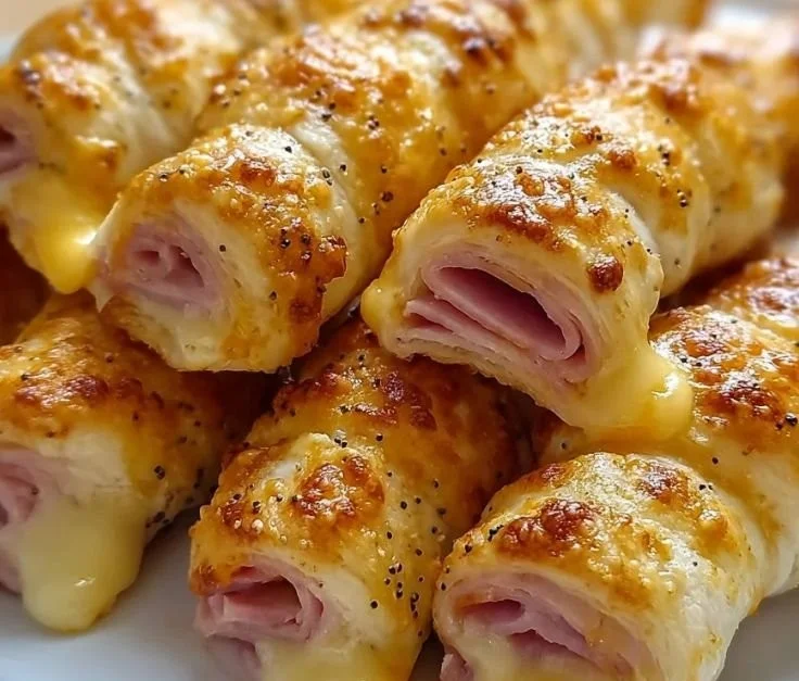 Ham and cheese sticks served on a platter with dipping sauce.