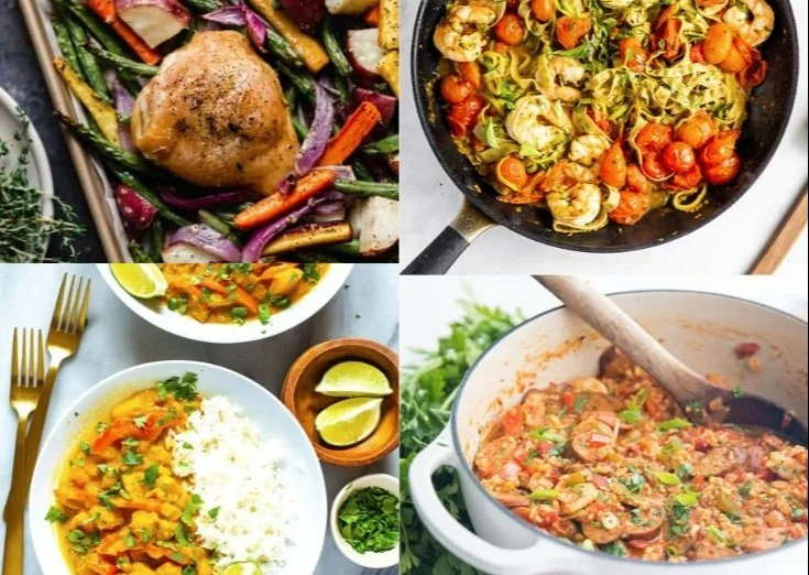 A variety of healthy one pot meals served in colorful bowls.