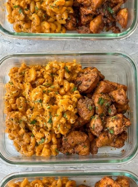 High-protein honey garlic butter chicken served with mac and cheese