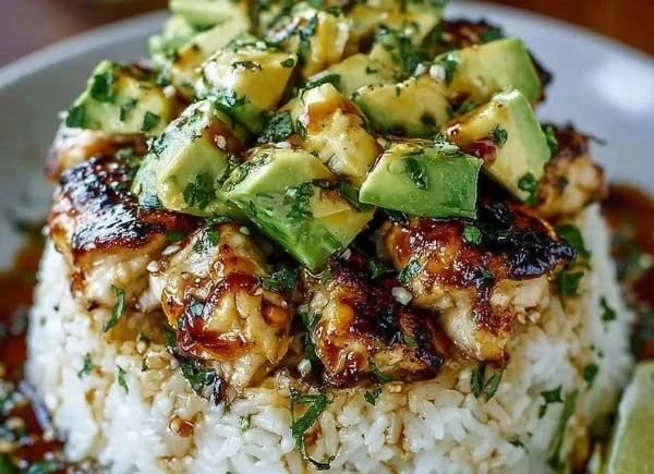 Honey-Glazed Chicken dish with avocado and coriander rice, plated beautifully.