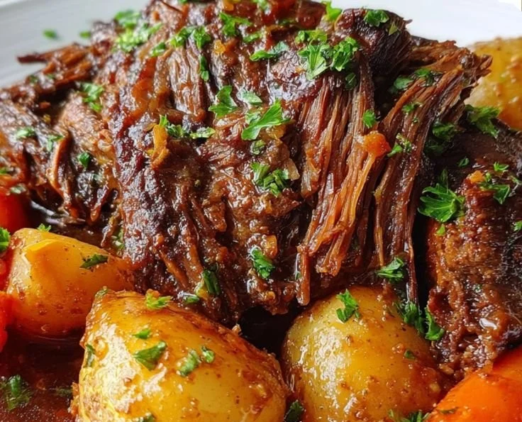 Delicious slow cooker pot roast served on a plate with vegetables.