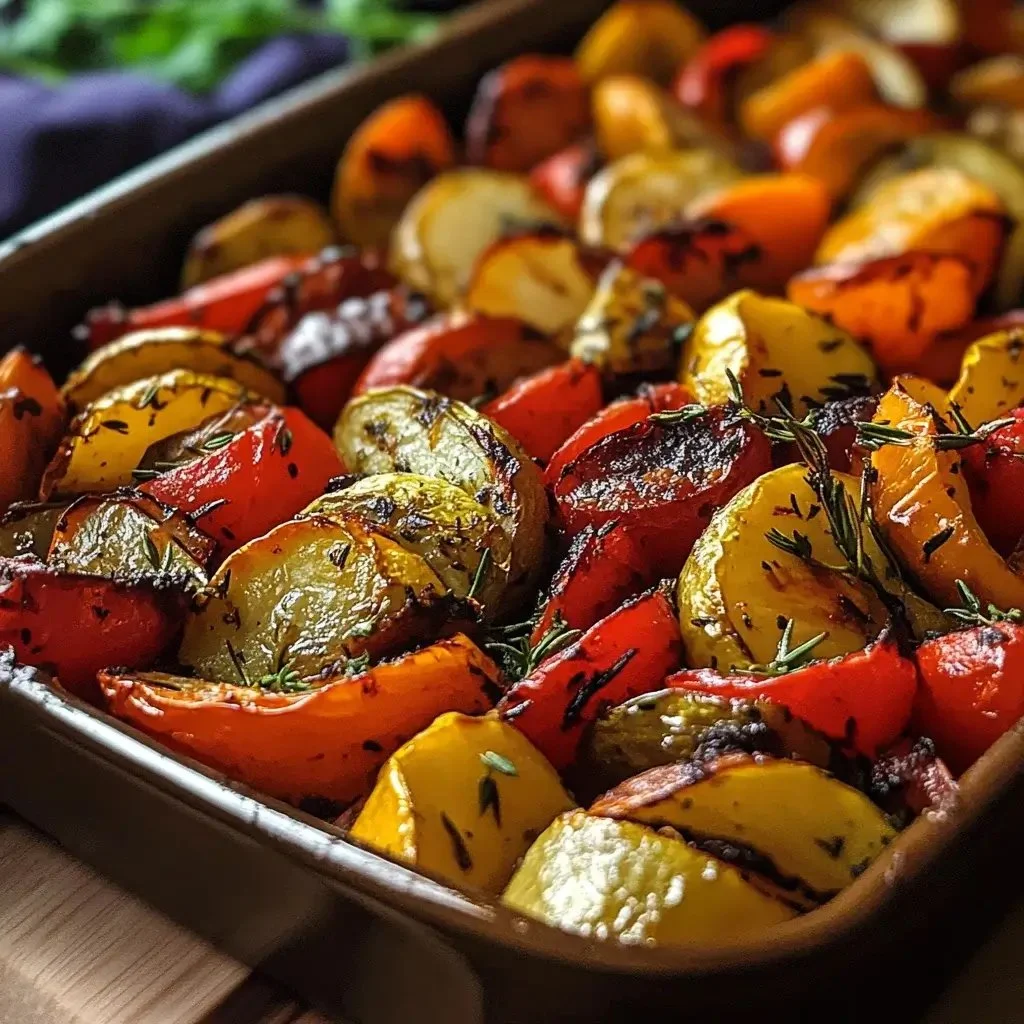 Bowl of Mediterranean roasted vegetables like bell peppers, zucchini, and eggplant
