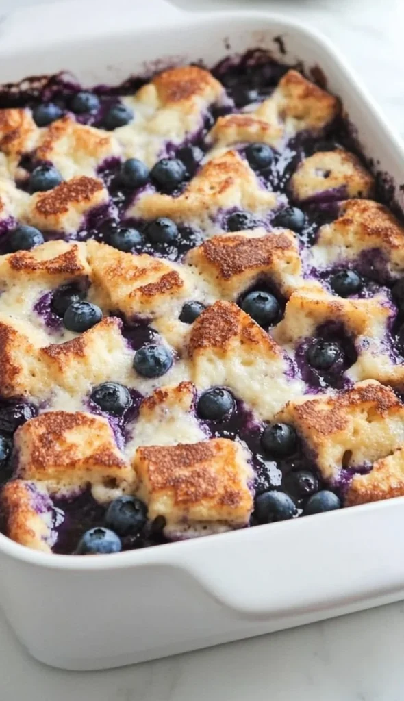 Delicious blueberry french toast casserole fresh out of the oven.