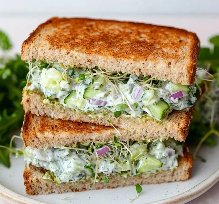 Quick cucumber salad sandwiches with fresh ingredients on a plate