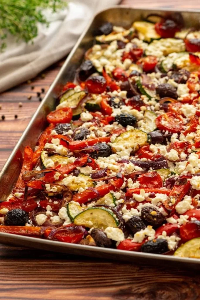 Sheet pan Greek vegetables with feta ready to serve